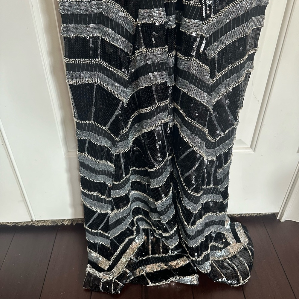 Zhivago Black and Silver Sequin Long Sleeve High-Slit Gown - Picture 7 of 11